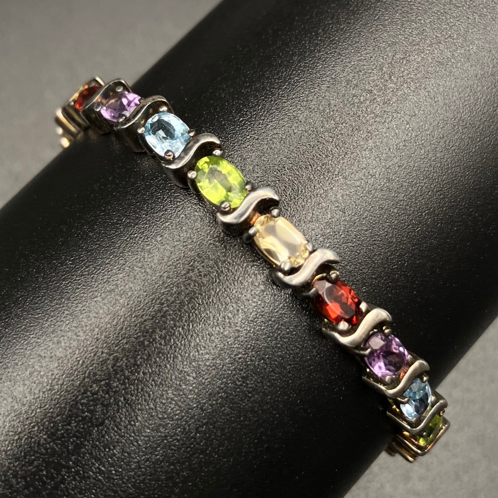 Vintage Tennis Bracelet Sterling Silver Multicolor Gemstone S-Link IBB 6.75"